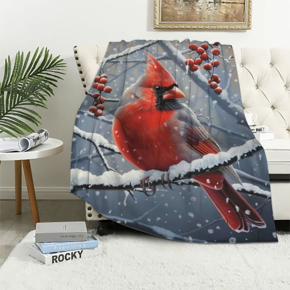 BCIIG Cardinal Blanket Birds Cardinal Gifts Flannel Throw Blanket Snow Winter Soft Warm Fluffy Plush Lightweight Microfiber for Bed Couch Chair Living Room  for Adult Kids White