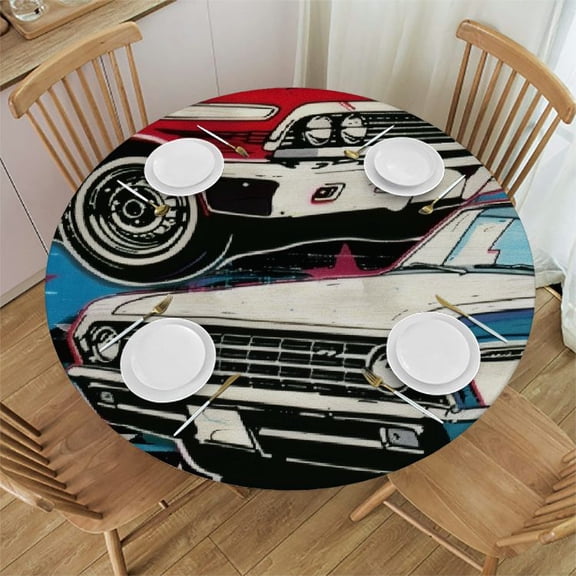 BCIIG Cars Stars American Scene Round Table Cover Stain Resistant Washable Indoor Outdoor Tablecloth Kitchen Dining Wedding Parties 100% Polyester Fiber 42-46