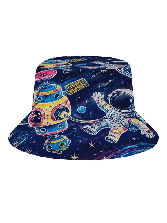 Cartoon Astronaut Space Station Planets Galaxy Art Bucket Hat, Soft, Printed, Packable Fisherman Sun Hat for Beach Travel Hiking Vacation, Sun Hat for Women Men, One Size
