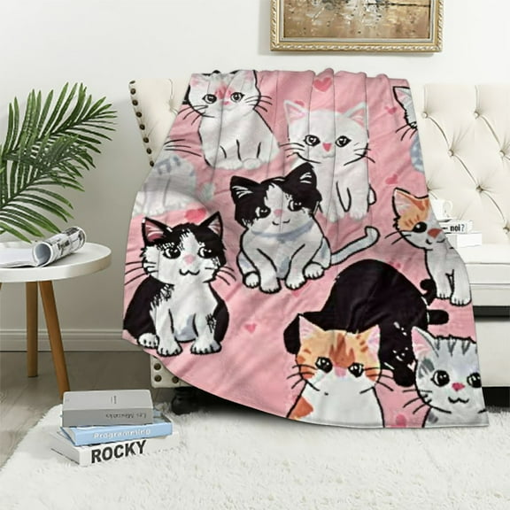 BCIIG Cartoon Cat Blanket,Kids Girls Pet Fleece Blanket,Cute Colorful Kitten Throw Blanket for Teens Boys,White Cat Paw Print Flannel Blanket Pink Queen 50x60in