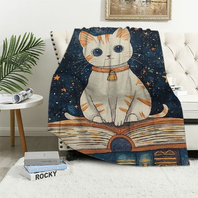 BCIIG Cartoon Cat Books Throw Blanket, Starry Night Clever White Kitten