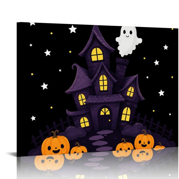 BCIIG Cartoon Purple Haunted House Star Ghost Pumpkin Wall Art, Decor for Adults And Family, HD Print Framed Canvas Wall Art Suitable for living room, bedroom, kitchen, corridor, classroom, studio
