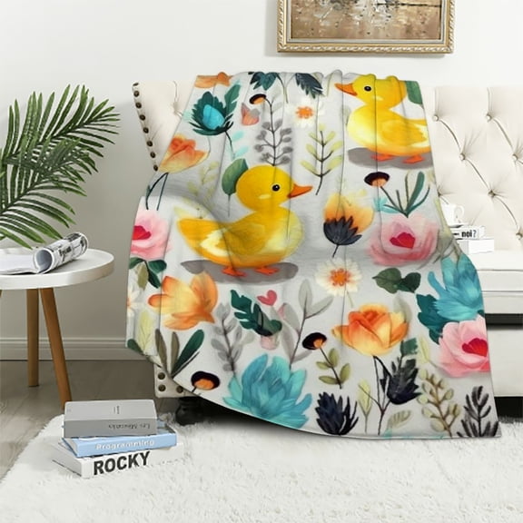 BCIIG   Cartoon Yellow Duck Throw Blanket for Kids Cute Duck Baby  Fleece Bed Blanket for Boys Girls,Kawaii Floral Animal Sherpa Blanket Woodland Leaves Flowers Butterfly Fuzzy Blanket 50x60in