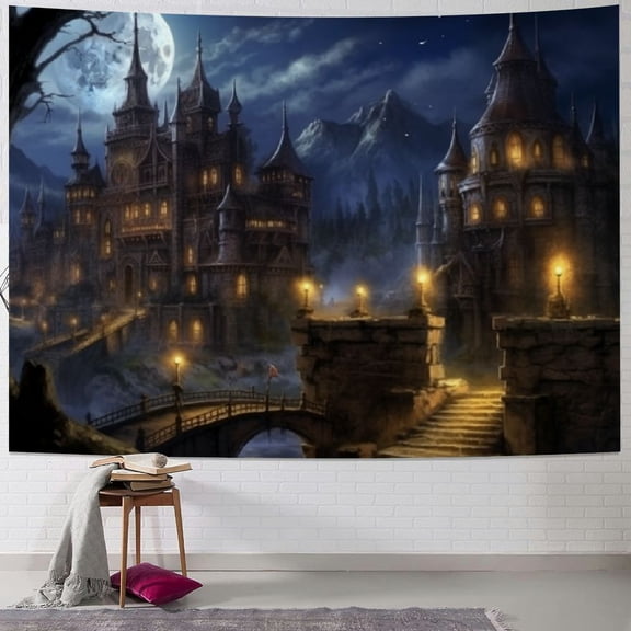 BCIIG Castle Full Moon Night Tapestry, Wolf Fantasy Medieval Town Wall Hangings Tapestry for Bedroom Living Room Office Dorm Man Cave Background 40x30inch
