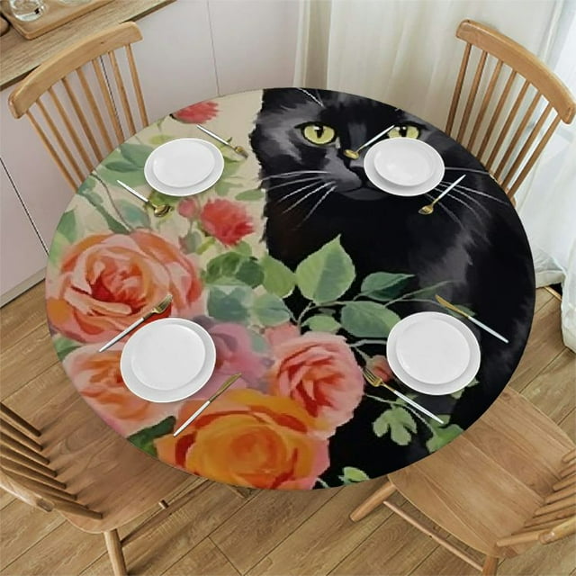BCIIG Cat Flowers Round Table Cover Stain Resistant Washable Perfect