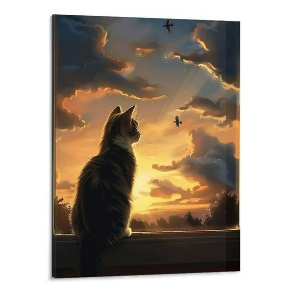 BCIIG Cat Looking At Sunset Canvas Wall Art Contemporary Simple Life Canvas Painting Pictures for Home Bedroom Decor Artwork Canvas Prints for Living Room Bathroom Decor 20x16 Frameless
