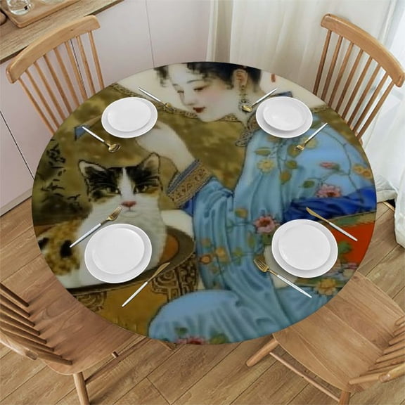 BCIIG Cat Theme Round Tablecloth Stain Resistant and Washable for Indoor Outdoor Kitchen Dining Wedding Parties - Full Width Single-Sided Printing 100% Polyester Fiber 42-46