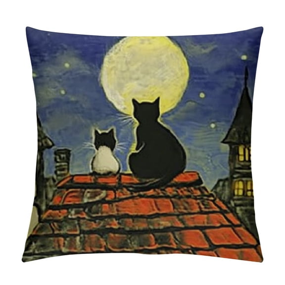 BCIIG Cat Throw Pillow Cushion Cover, Love Cats Sitting on Roof in Old Town and Looking at Starry Sky Night Funk Artprint, Decorative Square Accent Pillow Case, 24x24in
