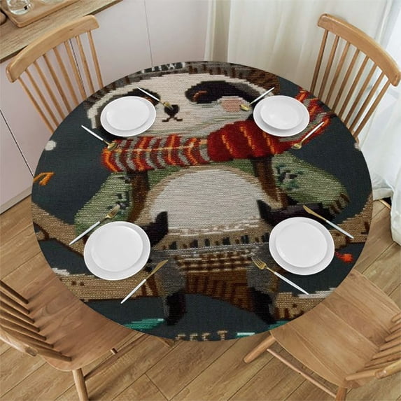 BCIIG Cat Winter Cross Stitch Round Table Cover Stain Resistant Washable Indoor Outdoor Tablecloth Kitchen Dining Wedding Parties Outdoor Fitted 100% Polyester Fiber 42-46