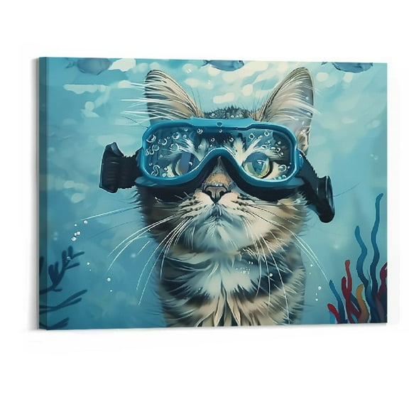 BCIIG Cat's Underwater Adventure Framed Canvas Wall Art Diving Kitty Scene Ready to Hang Ideal for Living Room Home Bedroom Decoration 20" x 16" 20x16in
