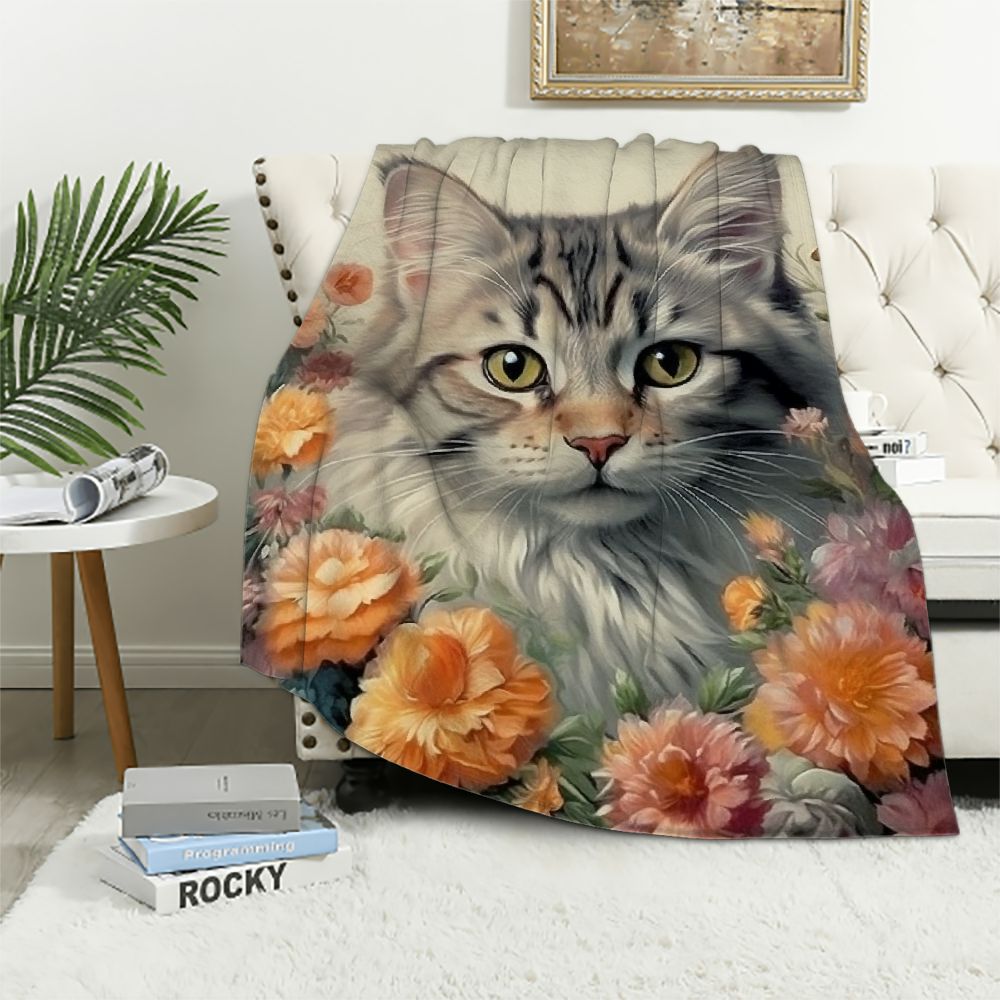 BCIIG Cat with Flowers Blanket Animals Pet Gifts for Cat Lovers Fleece