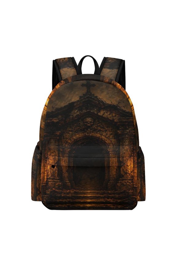 Cemetery Stone Mausoleum Scene Printed Oxford Backpack, Large Capacity Laptop Backpack, Water Resistant, Travel Daypack for College Work Commuting Adults,