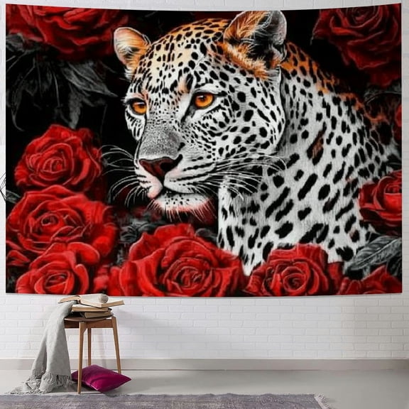BCIIG Cheetah Wall Decor Tapestry for Men Guys Bedroom, Cool Animal Wildlife Art Print Poster Tapestries, Funny Red Rose Flower Leopard Black Wall Hanging for Living Room Dorm Aesthetic