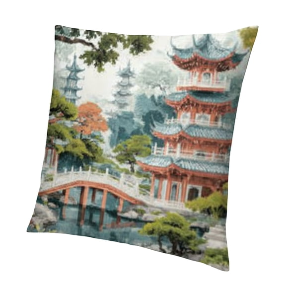 BCIIG Chinese Garden Bridge Pagodas Pillowcase with Zipper Closure 20x20in
