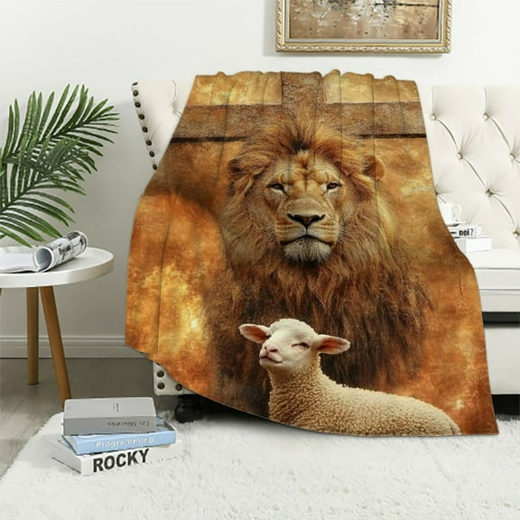 BCIIG Christian Blanket,Lion and Lamb Flannel Throw Blankets,Soft Warm Lightweight Cozy Plush Sunset Cross Throws for Bedroom Sofa Home Decor Gifts for Women Girls 40x50in