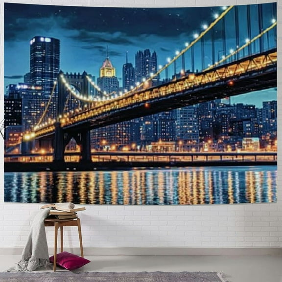 BCIIG City Pittsburgh Tapestry,   Bridge and Reflection on River Landscape Nighttime, Wide Wall Hanging for Bedroom Living Room Dorm 40x30inch