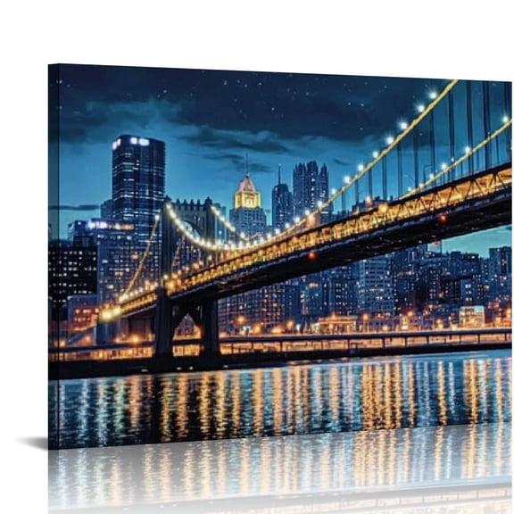BCIIG City Skyline Bridge Lights Art Modern Canvas Prints for Living Room Bedroom Home Office Wall Decor 20x16in