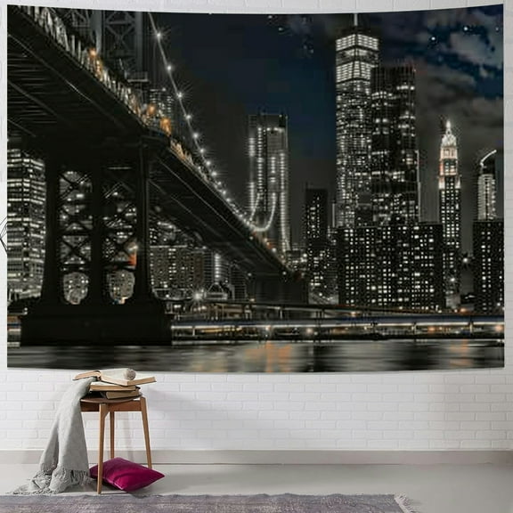 BCIIG City Skyline Bridge Night Tapestry Wall Hanging Home Decor 40x30inch