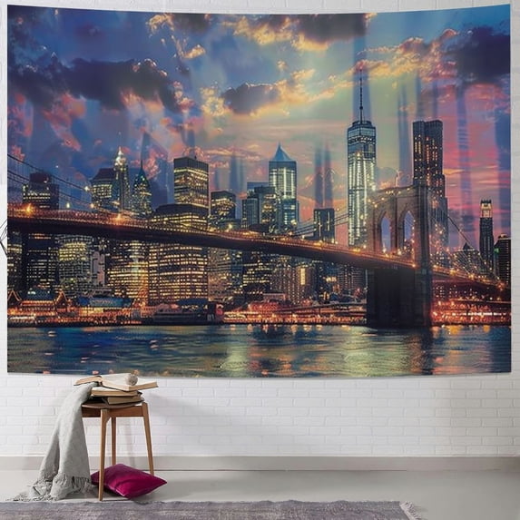 BCIIG City Skyline Bridge River Tapestry Wall Hanging Unique Style Graphic Tapestries Home Wall Decor Art for Living Room Bedroom Apartment Farmhouse Dorm 40x60inch