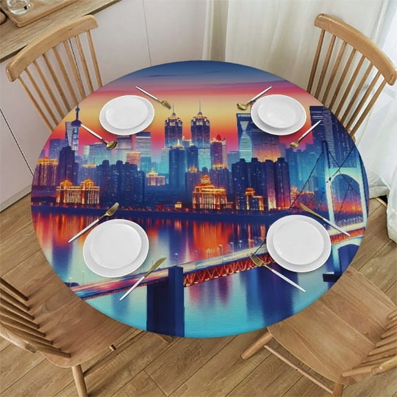 BCIIG City Skyline Bridge Round Table Cover Stain Resistant Washable Indoor Outdoor Tablecloth Kitchen Dining Wedding Parties 100% Polyester Fiber 31-35