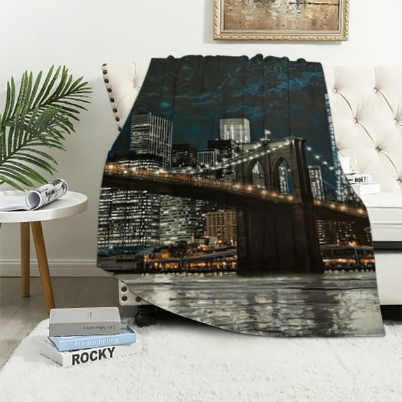 BCIIG City Skyline Brooklyn Bridge Empire Building Warm Lightweight Fleece Throw Blanket for All Seasons Sofa Decor Cow Gifts Blanket 60x80in