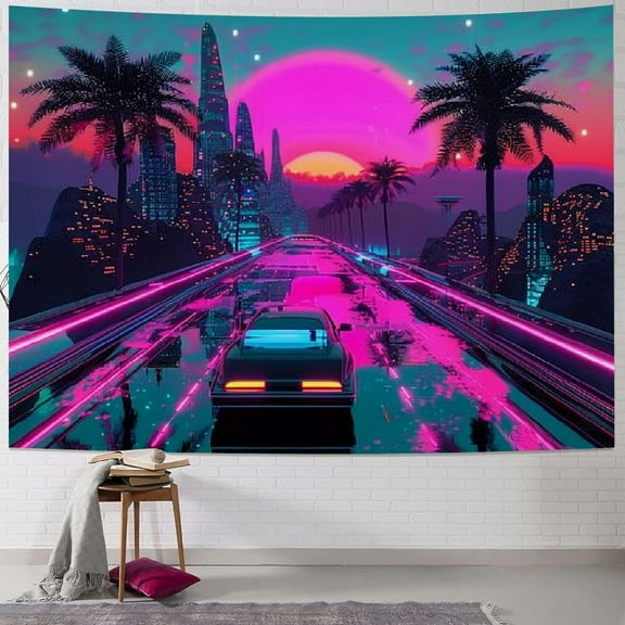 BCIIG City Street View Tapestry Car Palm Tree Sunset Wall Decoration Colorful Punk Wall Hanging Flannel tapestry for living room bedroom decoration