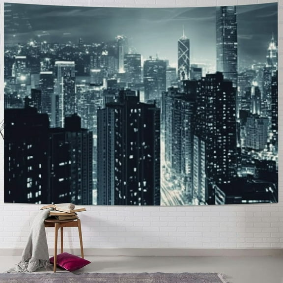 BCIIG City Tapestry, Aerial Night of View Hong Kong Skyline Famous Modern Urban Town Metropolis Panorama Image, Wide Wall Hanging for Bedroom Living Room Dorm,Dark Teal Grey 40x30inch
