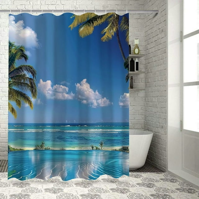 BCIIG Coastal Shower Curtain, Tropical Beach in Mauritius Swimming Pool and Sunbeds with Coconut
