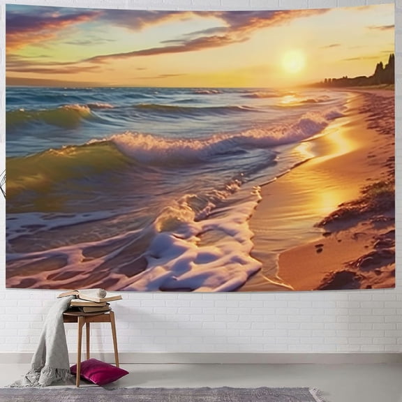 BCIIG  Coastal Tapestry, Sandy Calm Beach Ocean Waves Tranquil Seashore Setting Sun, Wide Wall Hanging for Bedroom Living Room Dorm 50x40inch