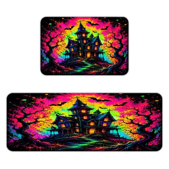 BCIIG Color Splash Haunted Mansion Art Kitchen Mats for Floor, Sets of 2, Soft Washable, Clear Print, Non Skid Waterproof Kitchen Rug for Sink Floor Sink Laundry Bar Office Room Home Cooks