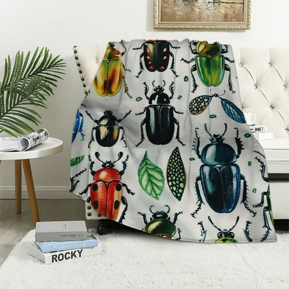 BCIIG Colored Beetles Throw Blanket Cute Insect Hexapod Bug Chafer Ladybug Wings Tropical Soft Cozy Fuzzy Warm Flannel Blankets Decorative for Baby Toddler Swaddle Dog Cat White