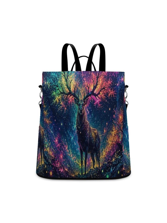 Colorful Cosmic Stag With Galaxy Tree Antlers Forest Art Anti Theft Backpack, Purse for Women, Secure Back Zipper, Multi-Purpose Rucksack Backpack With Adjustable Strap, Womens Travel Backpack,