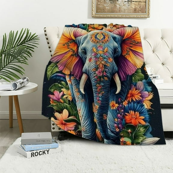 BCIIG Colorful Elephant with Lush Floral Blanket, Soft  Throw Blanket for Couch, Bed, Travel, Living Room &amp; Home Decor, Lightweight Cozy Warm Fuzzy Blankets for Adults Women Kids   40x50in