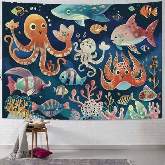 BCIIG Colorful Ocean Animals Tapestry Wall Decor,sea life cute octopus fish crab jellyfish Wall Tapestry Hanging Tapestry For Bedroom Living Room Home Decor 50x40inch