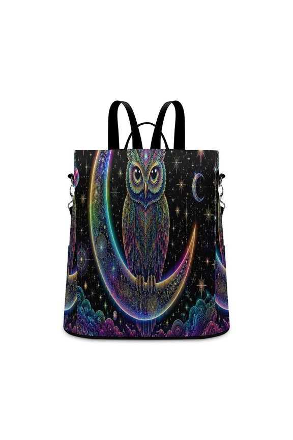 Colorful Ornate Owl On Crescent Moon Starry Galaxy Anti Theft Backpack, Purse for Women, Secure Back Zipper, Multi-Purpose Rucksack Backpack With Adjustable Strap, Womens Travel Backpack, Light