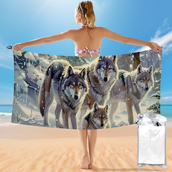 BCIIG Compact Beach Towel with Wolves Snow Forest, Quick Drying, Lightweight, and Portable for Beach Vacations and Outdoor Recreation 27.5x55in 55x27.5in