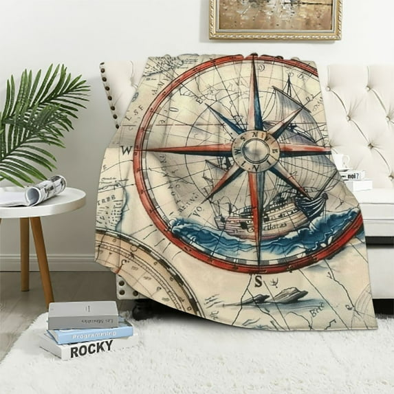 BCIIG Compass Ships Map Warm Lightweight Blanket Soft Fleece Throw Blanket for Living Rooms Sofa Decor All Seasons 40x50in