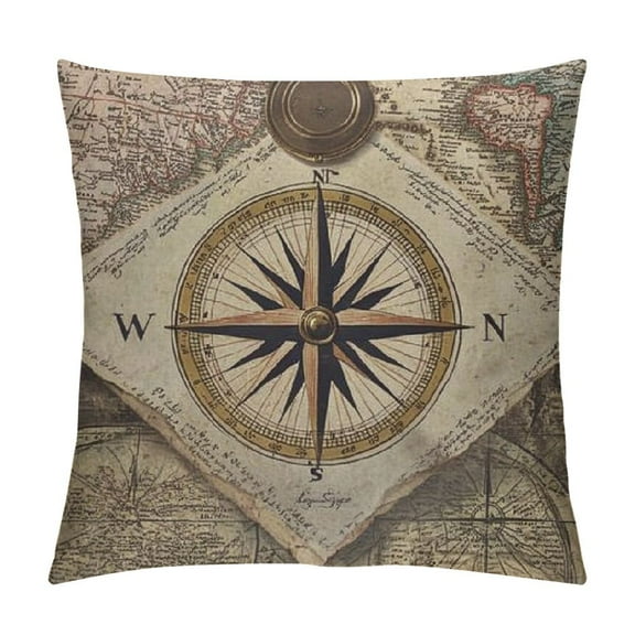 BCIIG Compass Throw Pillow Cover World Map Earth Direction History Ancient Antique Century Geography Pillow Case Decorative Men Women Room Cushion Cover for Home Couch Bed 18x18in