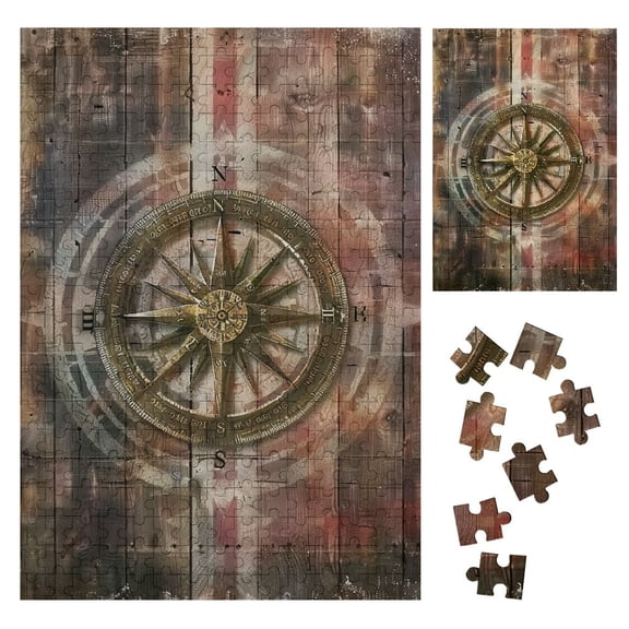 BCIIG Compass Wooden Wall Faded Background Wooden Jigsaw Puzzle Vertical Style Wooden Gift for Family Friends 300PCS