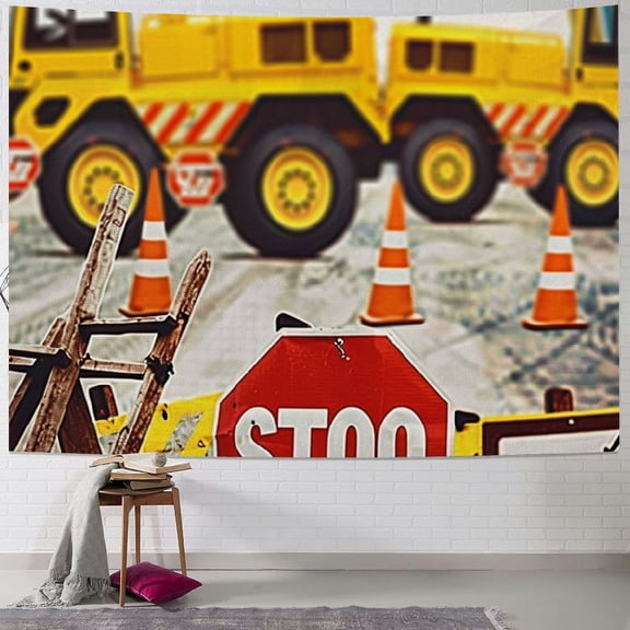 BCIIG Construction Truck Signs Stop Sign Tapestry Wall Hanging Unique Style Home Decor Art for Living Room Bedroom Farmhouse Dorm 60x50inch