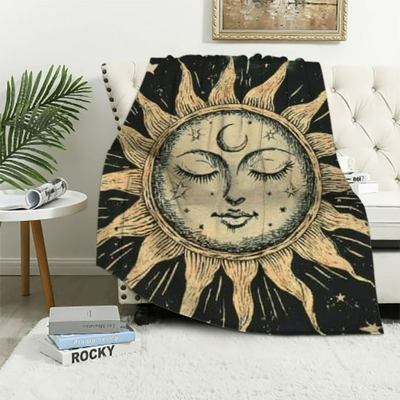 BCIIG Cosmic Comfort Awaits with This Celestial Flannel Blanket, Featuring a Sun and Moon Embrace Against a Starry Night Sky. 40x50in