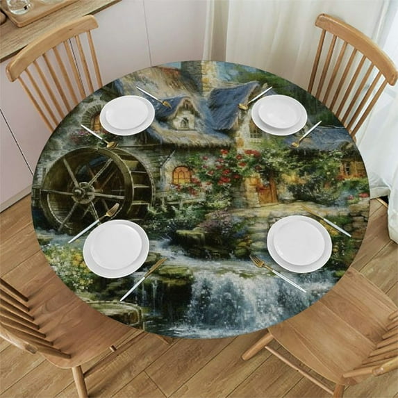 BCIIG Cottage Stream Water Wheel Round Tablecloth, Stain Resistant & Washable, Perfect for Indoor & Outdoor Dining, Wedding, Parties, 100% Polyester Fiber, Various Sizes Available 42"-46