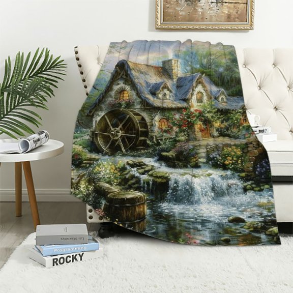 BCIIG Cottage Stream Water Wheel Warm Lightweight Soft Fleece Blanket for All Seasons - Cow Gifts Blanket All Seasons 60x80in