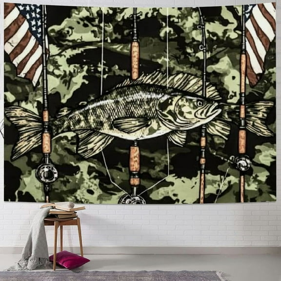 BCIIG Country American Flag Fishing Tapestry, Rustic Hunting Bass Fish Camo Lake Tapestry Wall Hanging for Men Bedroom, Cabin Tapestries Poster Blanket College Dorm Home Decor