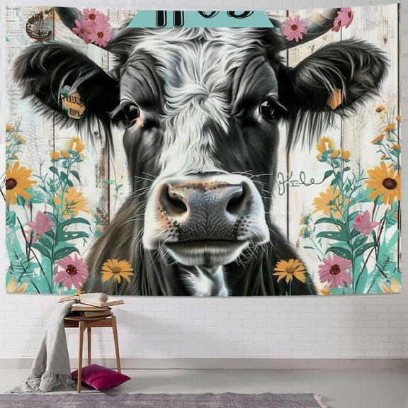 BCIIG Cow Flower Border Wood Background Tapestry Wall Hanging Unique Style Graphic Tapestries Home Wall Decor Art for Living Room Bedroom Apartment Farmhouse Dorm 60x50inch