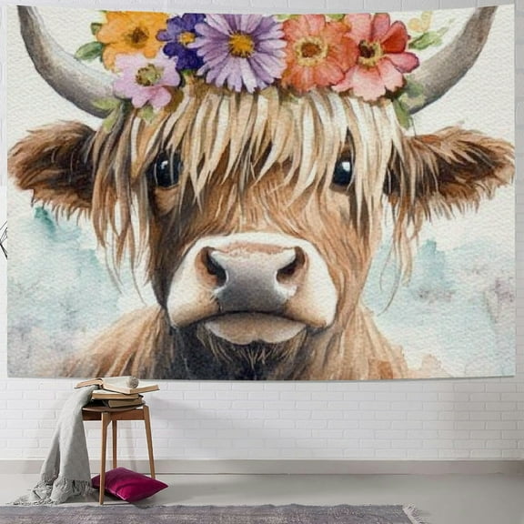BCIIG Cow Flower Crown Watercolor Tapestry Wall Hanging Unique Style for Home Decor, Aesthetic Graphic Art for Living Room Bedroom Dorm, Holiday Decoration 50x40inch
