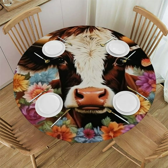 BCIIG Cow Flowers Round Table Cover Stain Resistant & Washable Indoor Outdoor Tablecloth for Kitchen Dining Wedding Parties 100% Polyester Tablecloths 31"-35