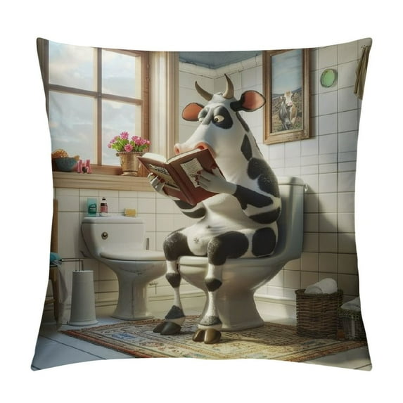 BCIIG Cow Reading Book Graphic Decorative Cushion Throw Pillow Cover Short Plush for Home Couch Living Room Bed Sofa All Year Round Use 1PC 20x20in