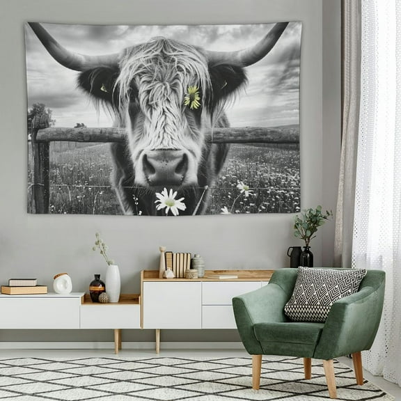 BCIIG Cow Tapestry, Longhorn Highland Cow Tapestry for Bedroom Aesthetic, Funny Western Farmhouse Animals Wall Decor, Rustic Cool Country Rural Gray Bull Cattle Wall Art for Living Room Home Decor