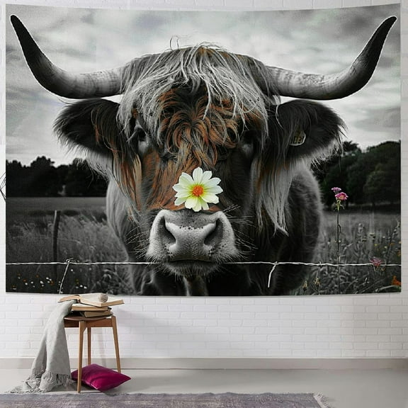 BCIIG Cow Tapestry, Longhorn Highland Cow Tapestry Bedroom Aesthetic, Funny Western Farmhouse Animals Wall Decor, Rustic Cool Country Rural Gray Bull Cattle Wall Art for Living Room Home Decor,